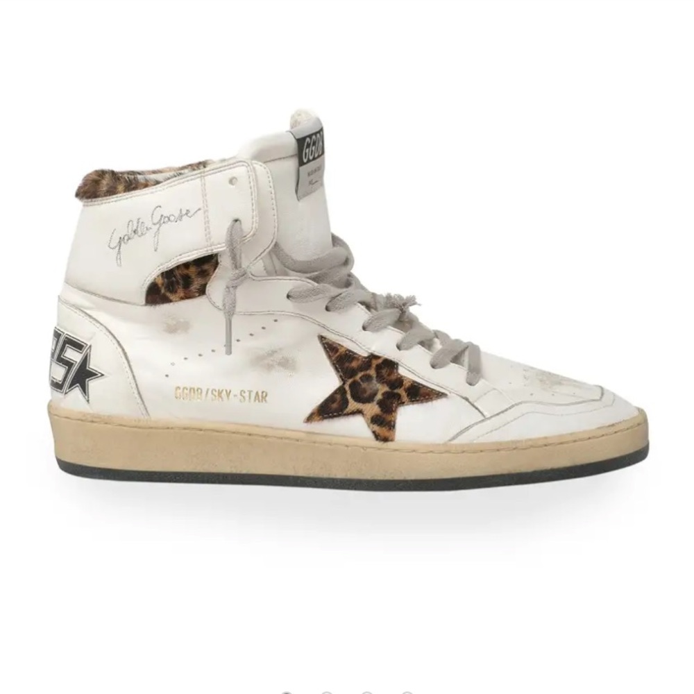 Golden Goose -Sky Star Leopard-Print Fur Mid-Top Sneakers - size 38